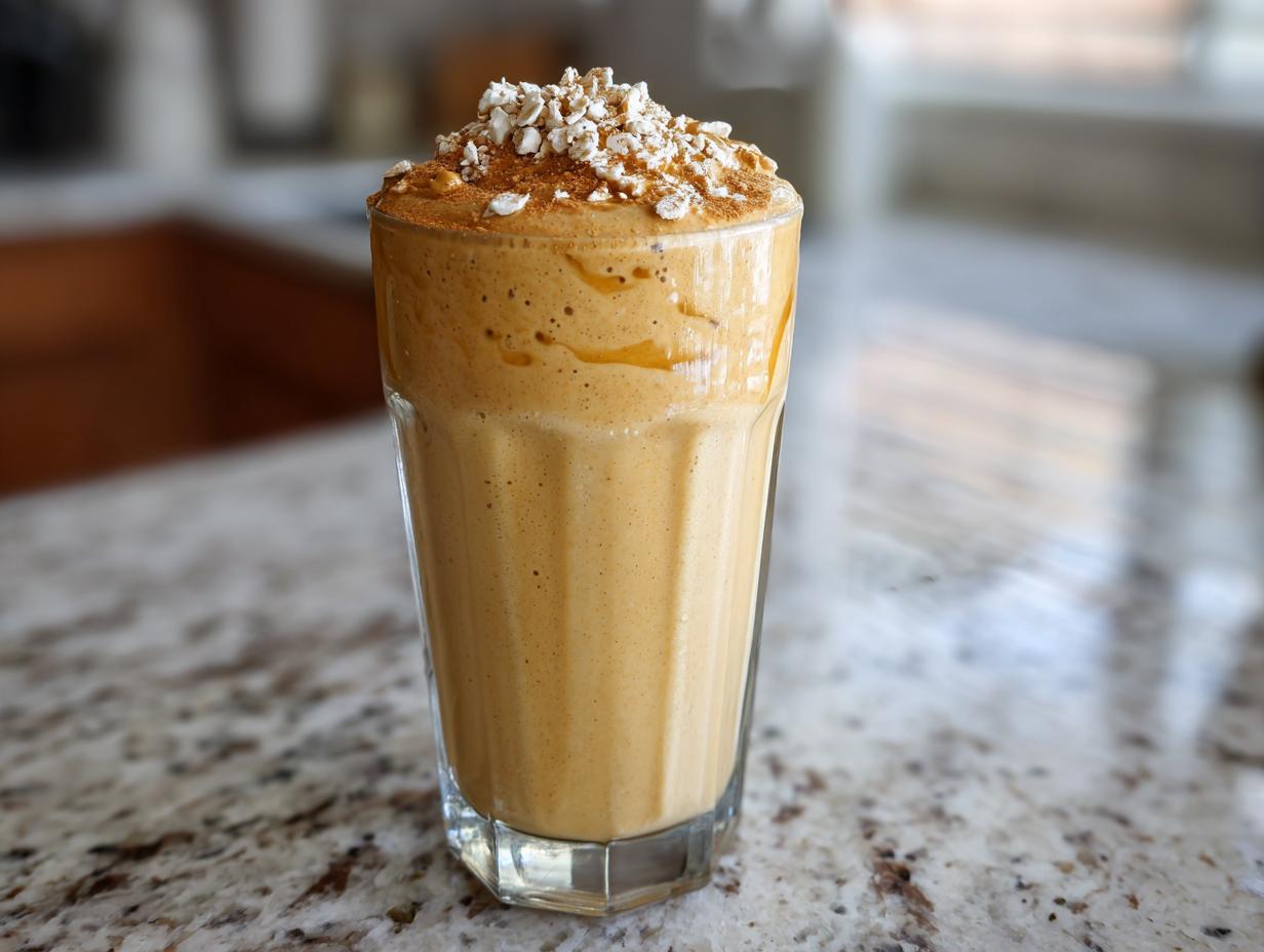 Tall glass filled with creamy oat and peanut butter smoothie suhoor topped with oats and cinnamon