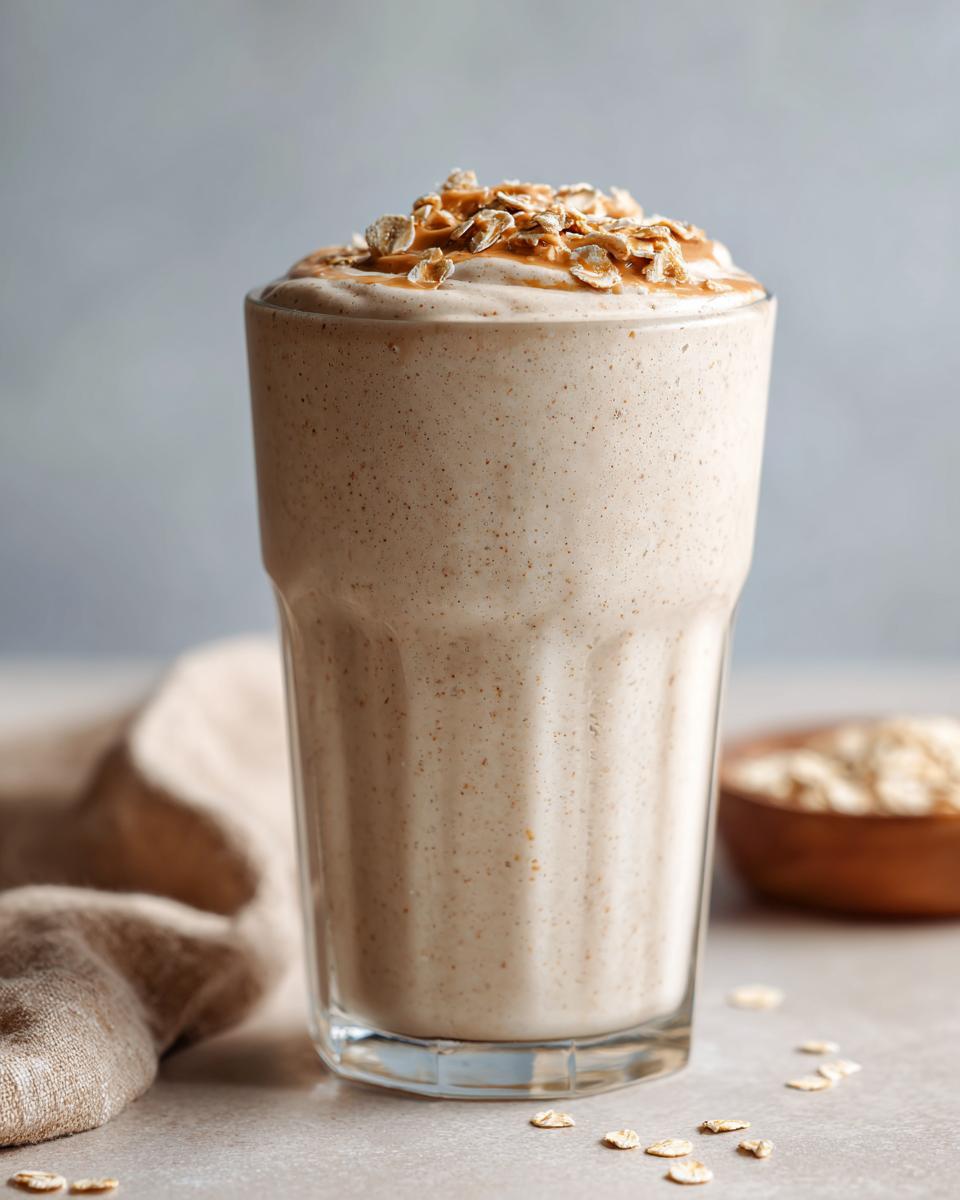 Glass filled with creamy oat and peanut butter smoothie suhoor topped with oats and peanut butter drizzle