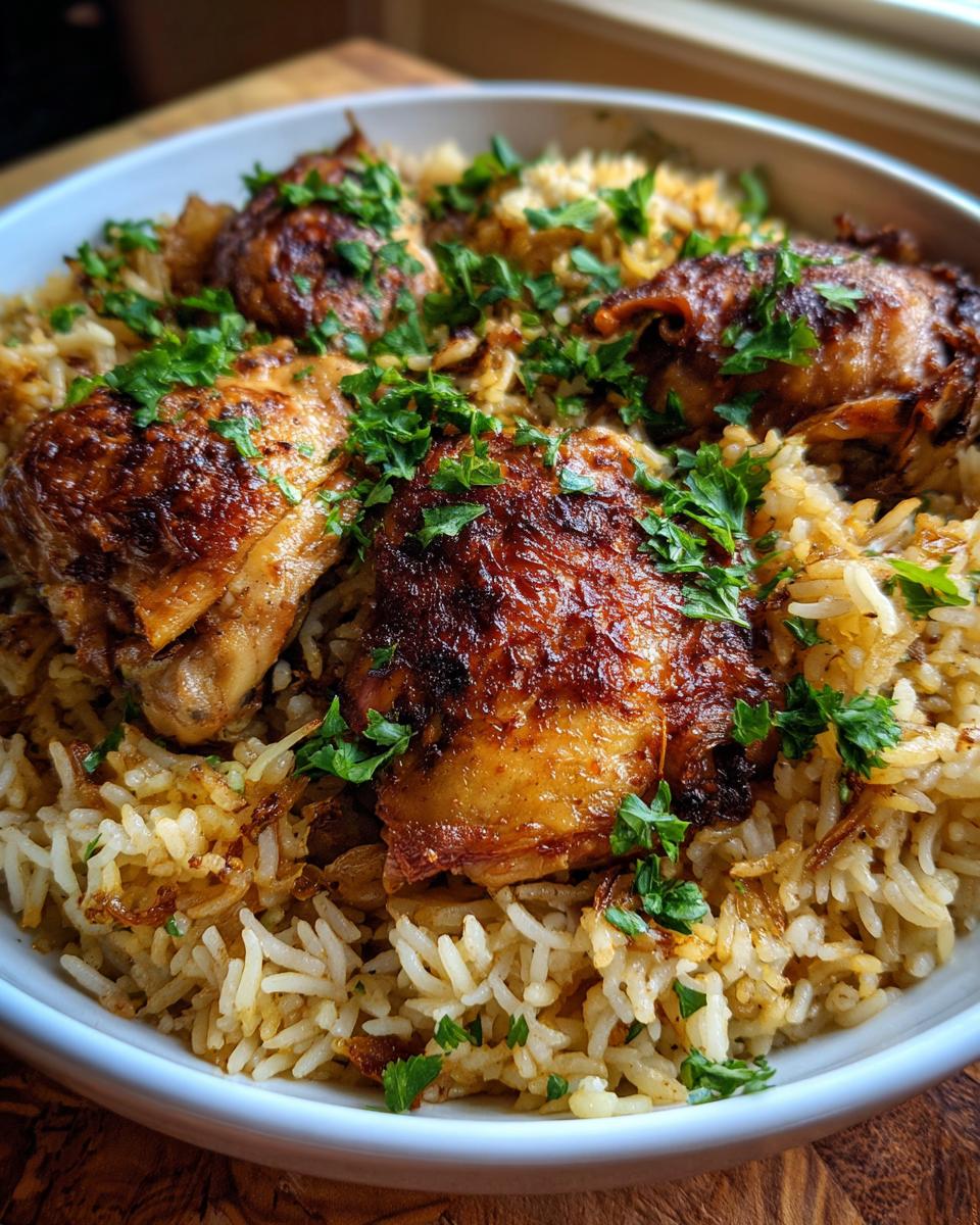 Close-up of one pot chicken and rice iftar with golden chicken thighs and garnished with fresh herbs.