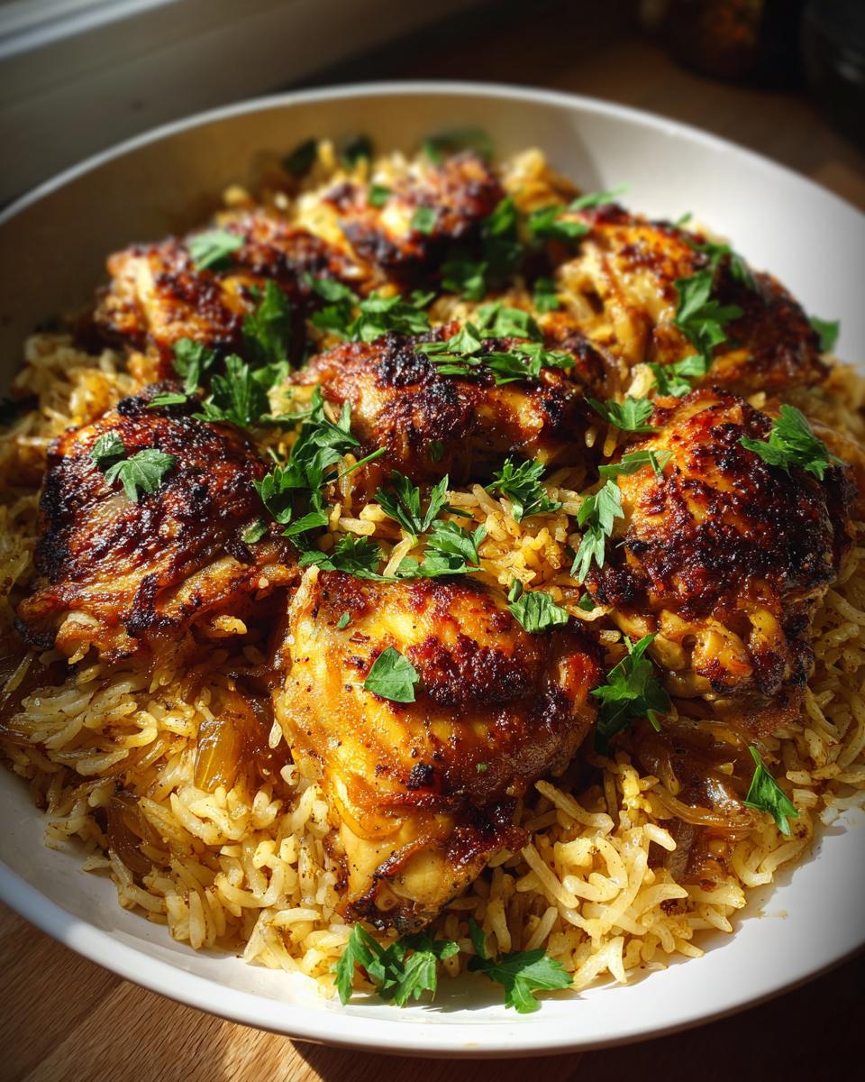 One pot chicken and rice iftar with spiced grilled chicken thighs on seasoned rice garnished with fresh herbs.