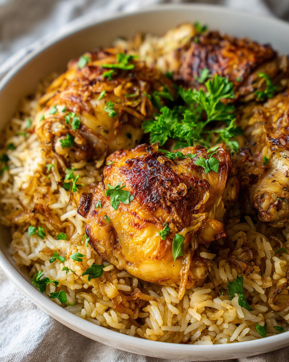 Close-up of one pot chicken and rice iftar with golden chicken thighs and garnished parsley