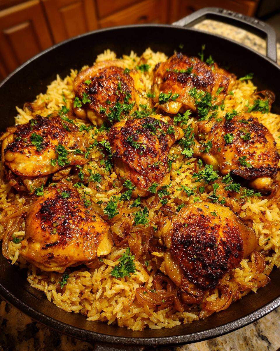 Skillet with one pot chicken and rice iftar featuring golden spiced chicken thighs and garnished with fresh herbs