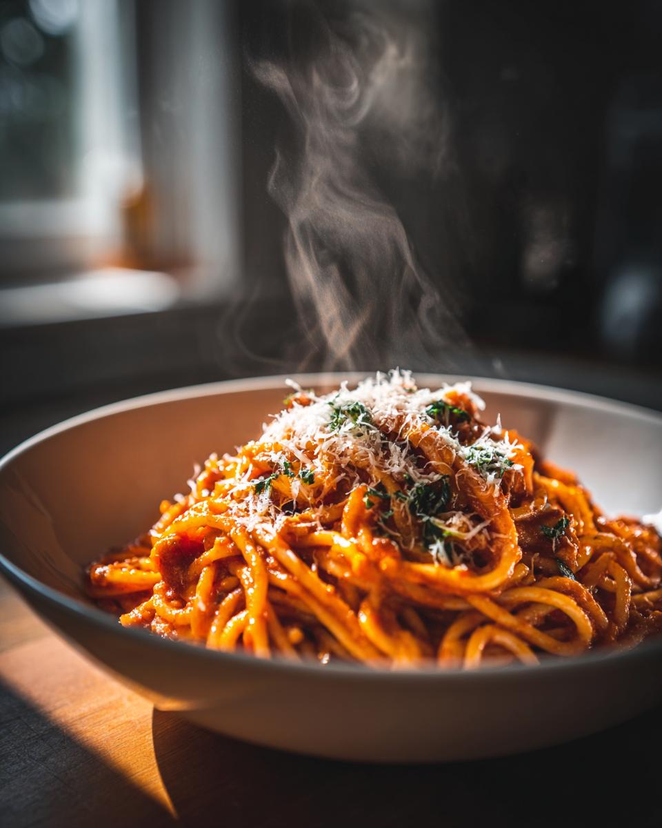 Steaming plate of spaghetti with tomato sauce and grated cheese, a perfect one pot dinners meal