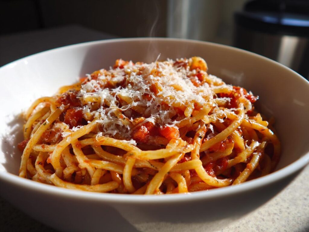 Bowl of steaming spaghetti topped with tomato sauce and grated cheese, representing one pot dinners