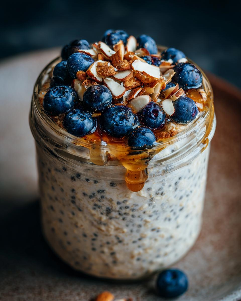 Jar of overnight oats topped with fresh blueberries, sliced almonds, and honey drizzle