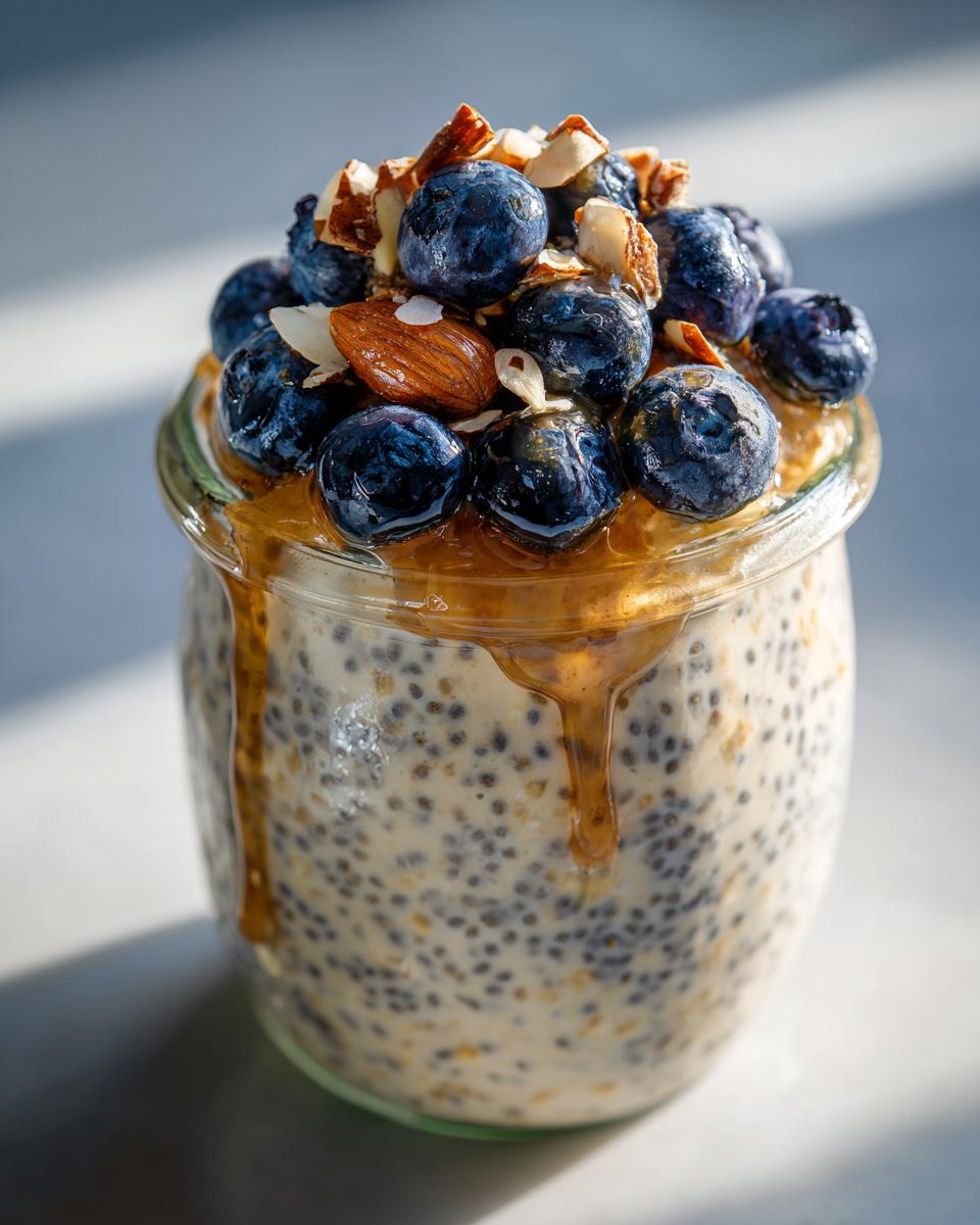 Jar of overnight oats topped with fresh blueberries, almonds, and honey drizzle.