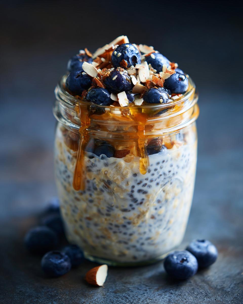 Jar of overnight oats topped with blueberries, chopped nuts, and honey drizzle for suhoor.