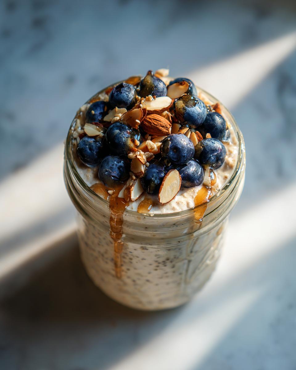 Jar of overnight oats topped with blueberries, sliced almonds, and honey drizzle.