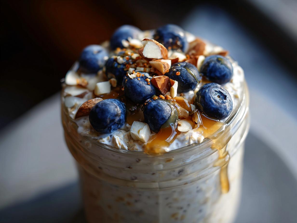 Jar of overnight oats topped with fresh blueberries, chopped nuts, and honey drizzle
