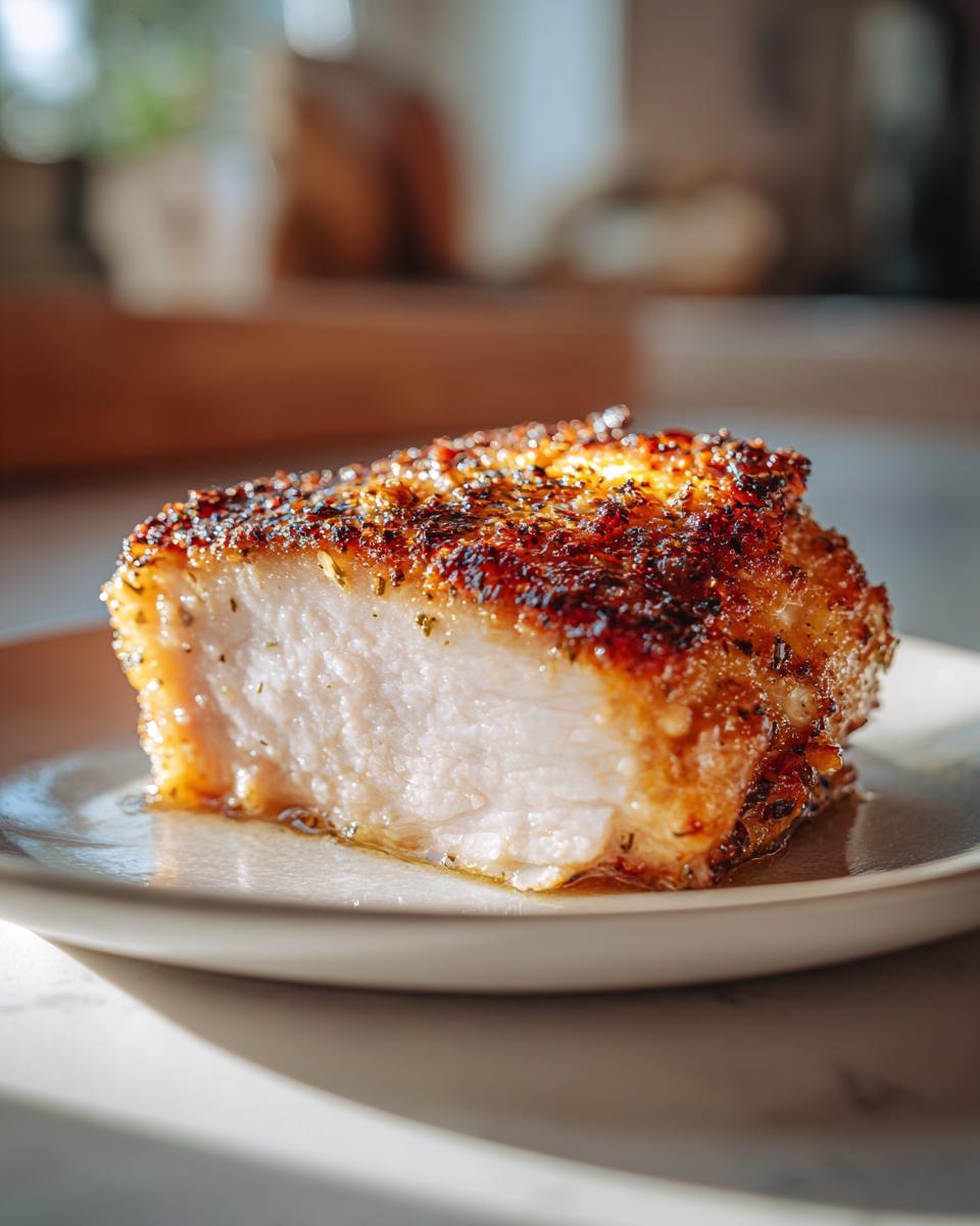 Close-up of a juicy piece of pan-seared chicken breast with a crispy herb crust on a beige plate.