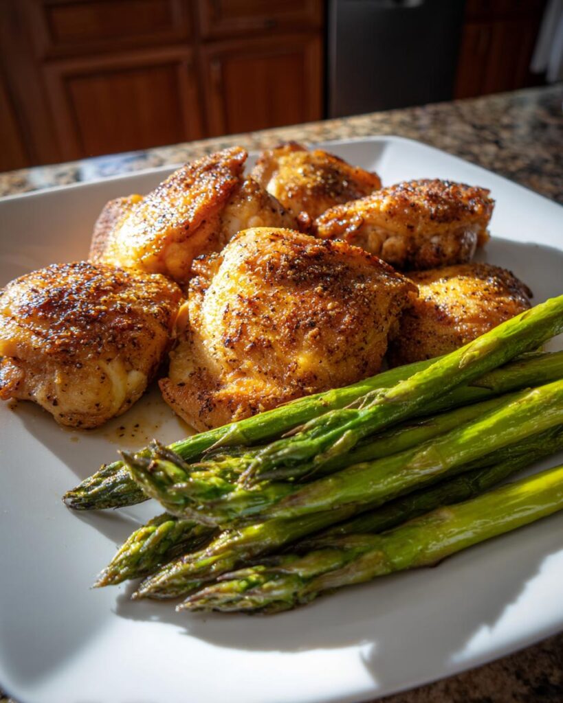 Plate of pan-seared chicken thighs with seasoned crispy skin served with grilled asparagus.
