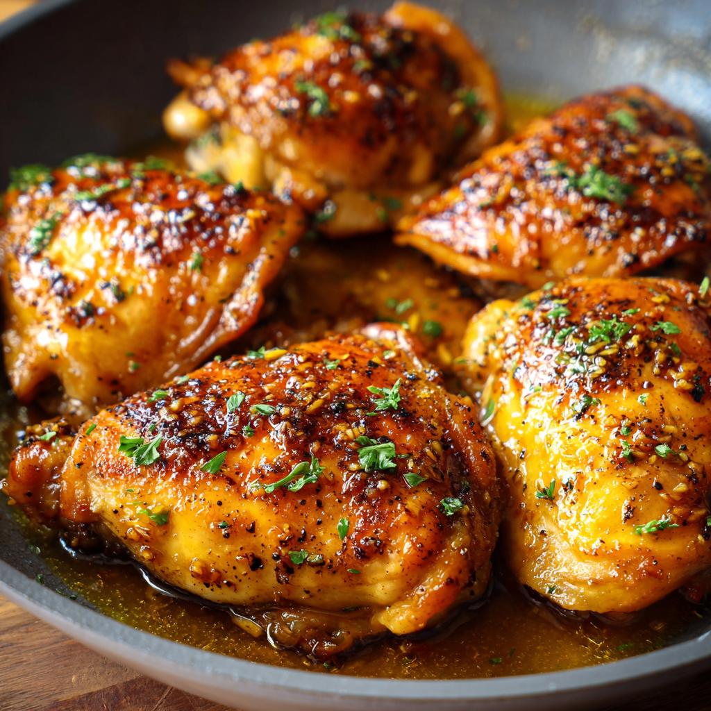 Close-up of golden pan-seared chicken thighs garnished with herbs in a skillet.