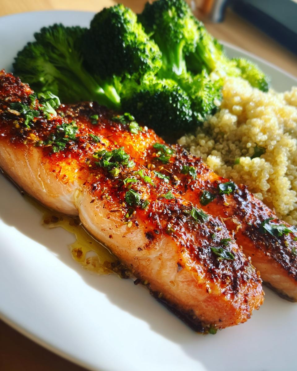 Pan-seared salmon fillet garnished with herbs, served with steamed broccoli and quinoa.
