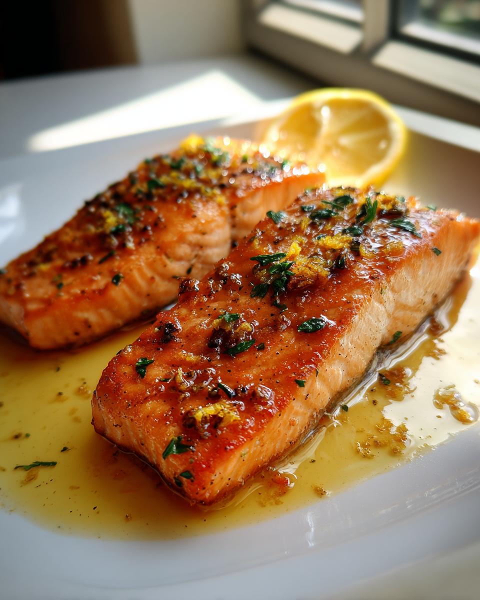 Two pieces of pan-seared salmon garnished with herbs and lemon on a white plate with sauce
