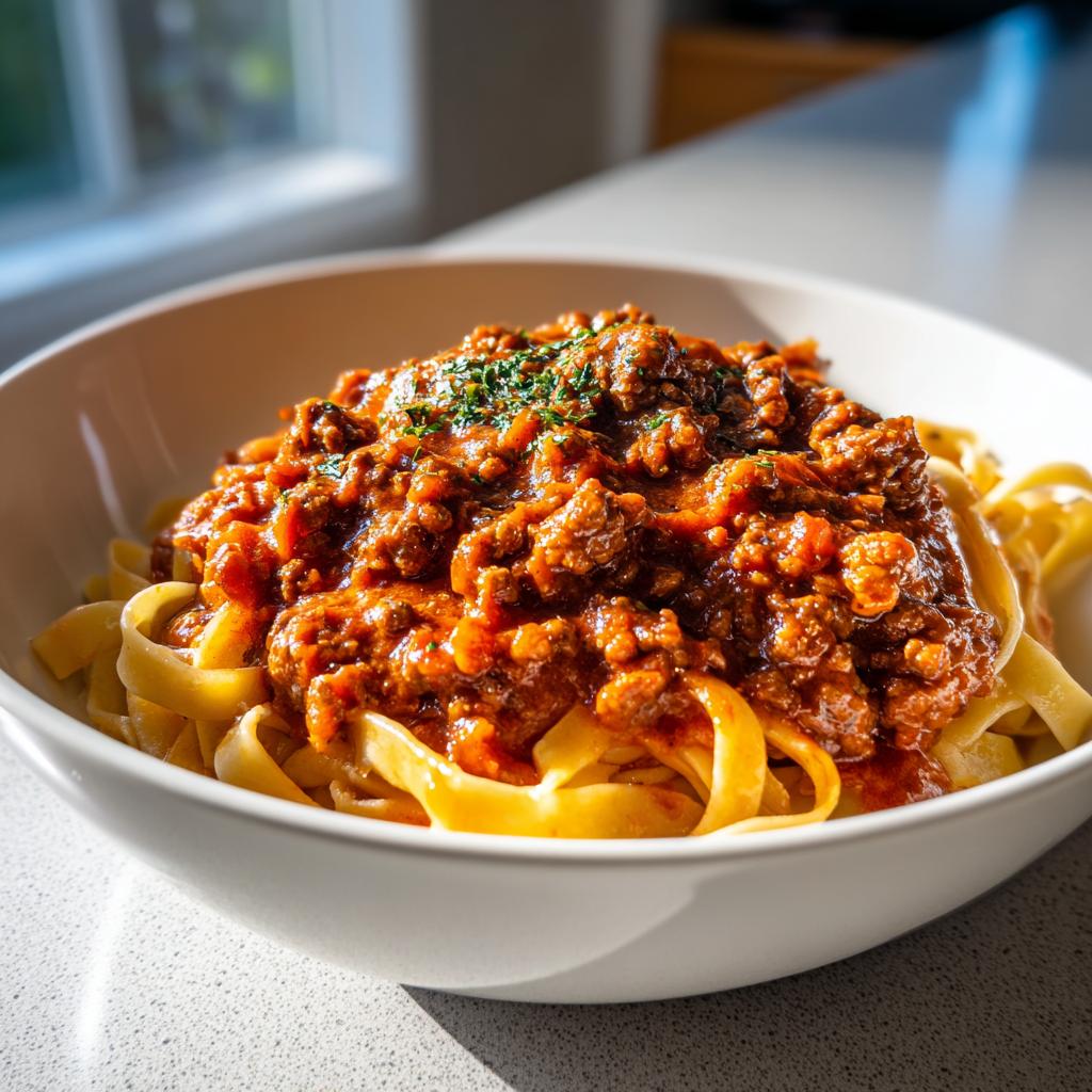 Bowl of pasta topped with rich meat sauce garnished with herbs for family dinner ideas