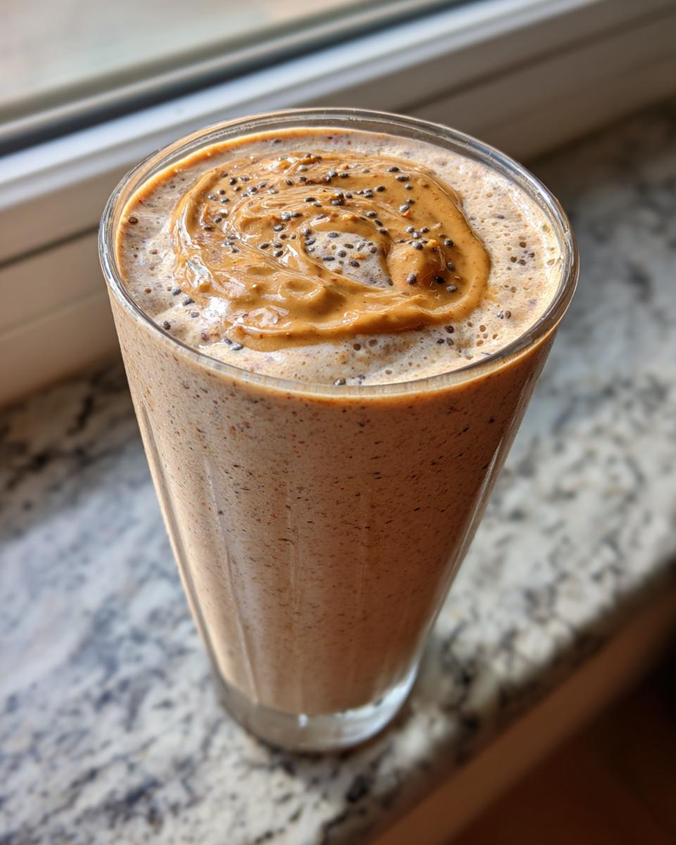 Close-up of a creamy peanut butter protein smoothie topped with chia seeds in a tall glass.