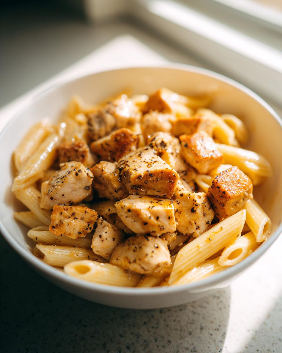 White bowl filled with penne pasta topped with seasoned grilled chicken pieces.