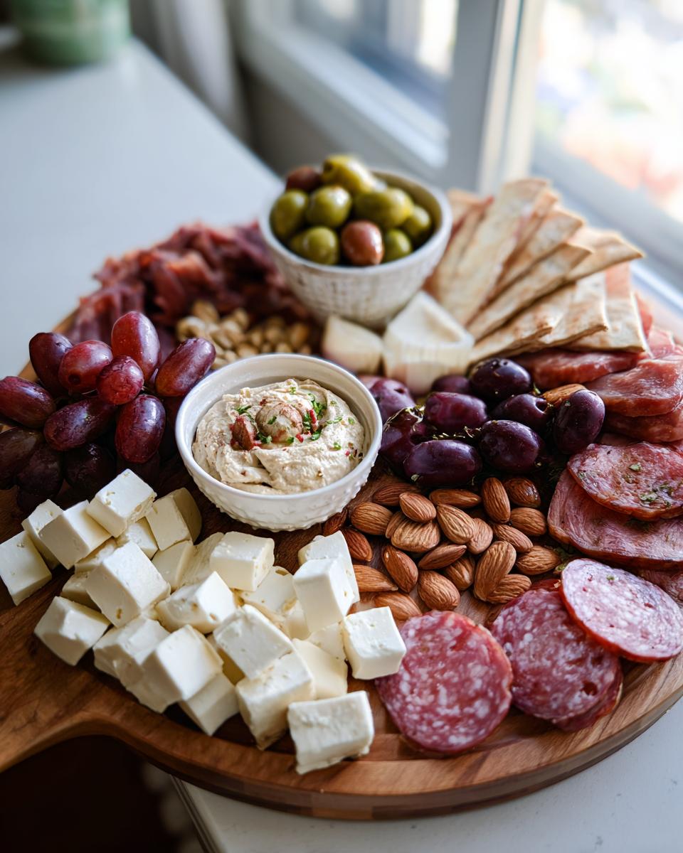 Ramadan charcuterie iftar board with assorted cheeses, grapes, nuts, olives, and sliced meats on wooden platter.