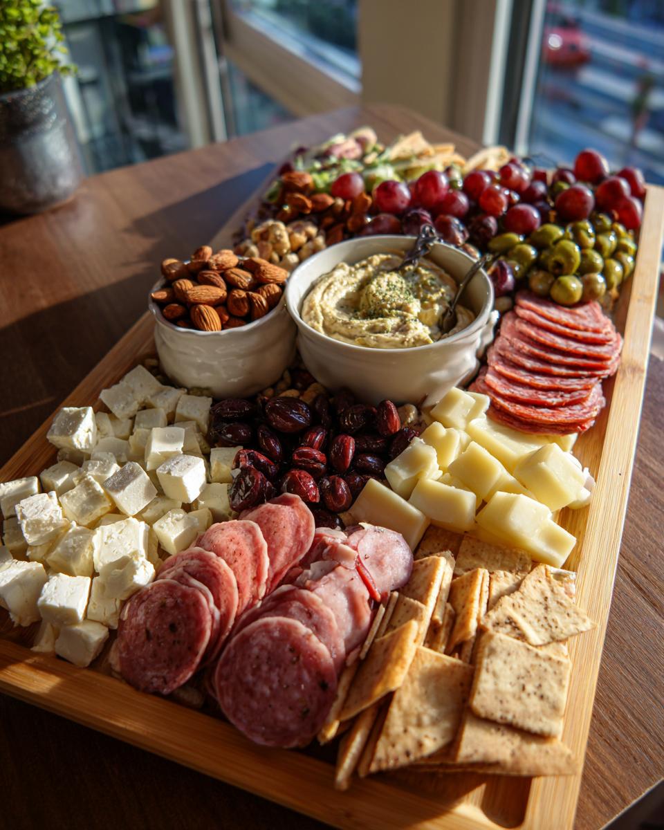 A ramadan charcuterie iftar board with assorted cheeses, meats, nuts, olives, grapes, and crackers on a wooden tray.