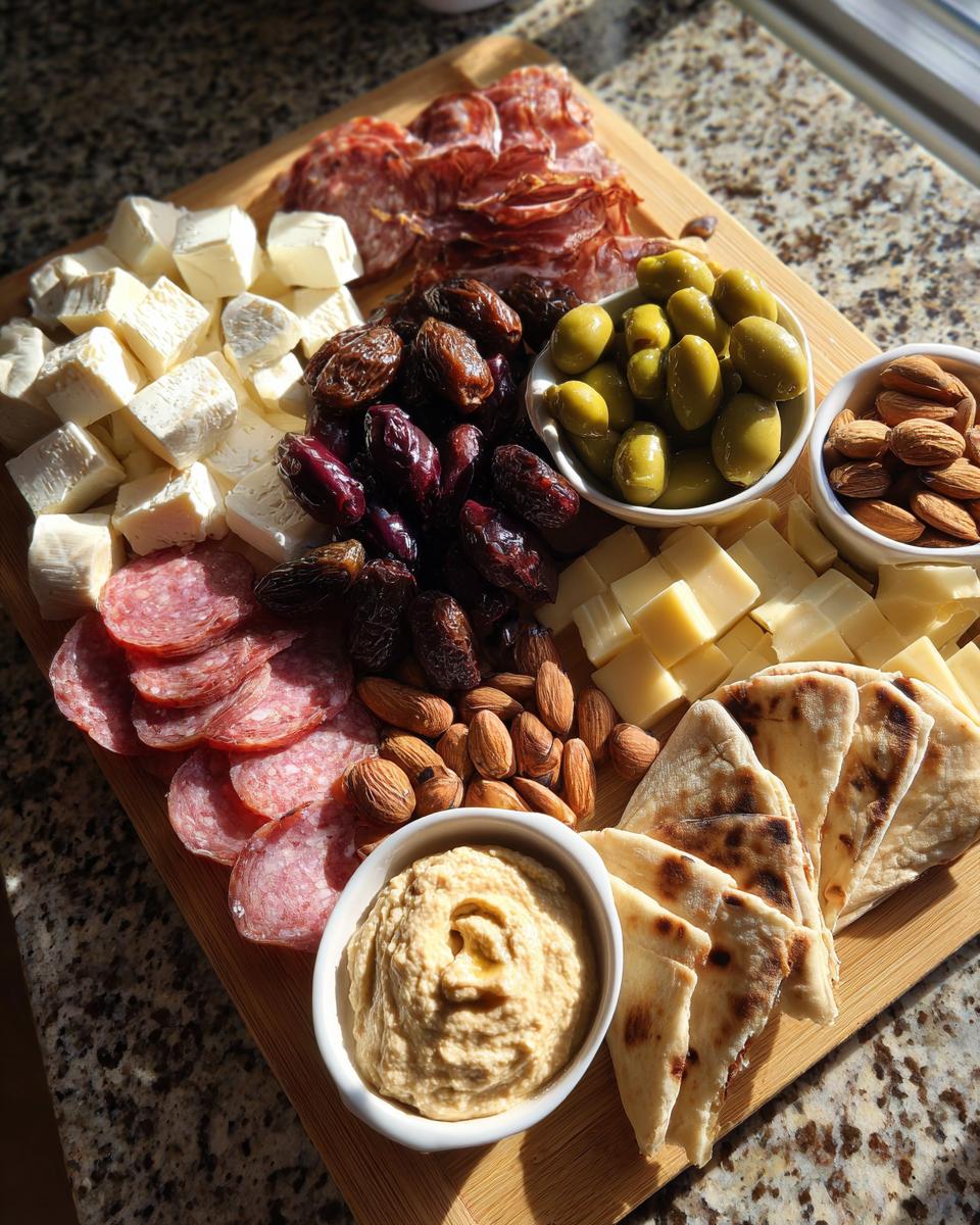 Ramadan charcuterie iftar board with cheeses, dates, olives, nuts, pita bread, and hummus.