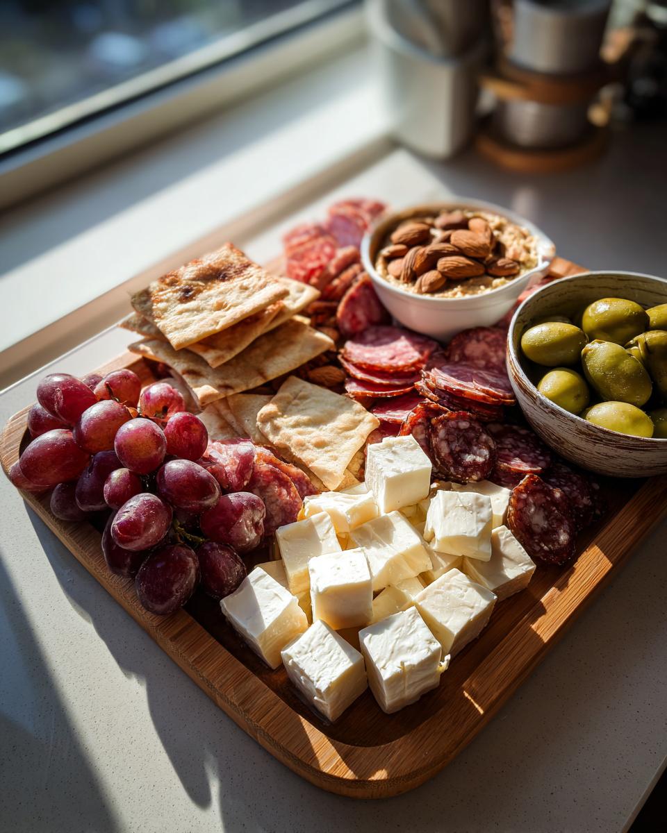 Ramadan charcuterie iftar board with grapes, cheese cubes, crackers, salami, almonds, and green olives on a wooden tray.