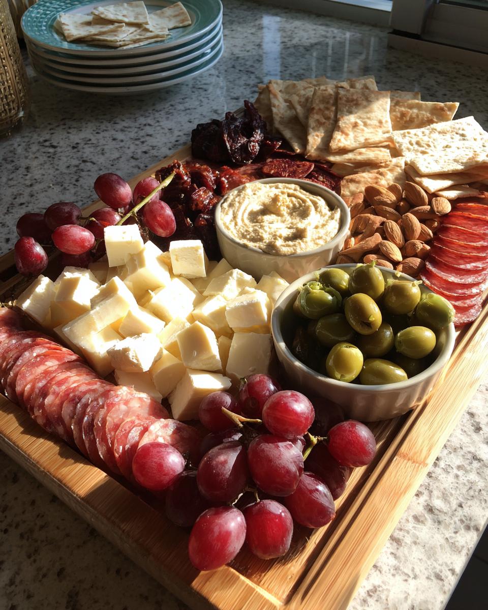 Ramadan charcuterie iftar board with grapes, cheese cubes, olives, nuts, crackers, and sliced meats on wooden tray