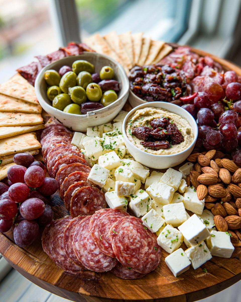 Ramadan charcuterie iftar board with salami, feta cheese, olives, grapes, almonds, crackers, and hummus.