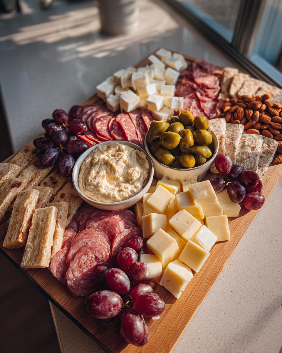 Ramadan charcuterie iftar board with assorted cheeses, salami, olives, grapes, nuts, and crackers on wooden board.