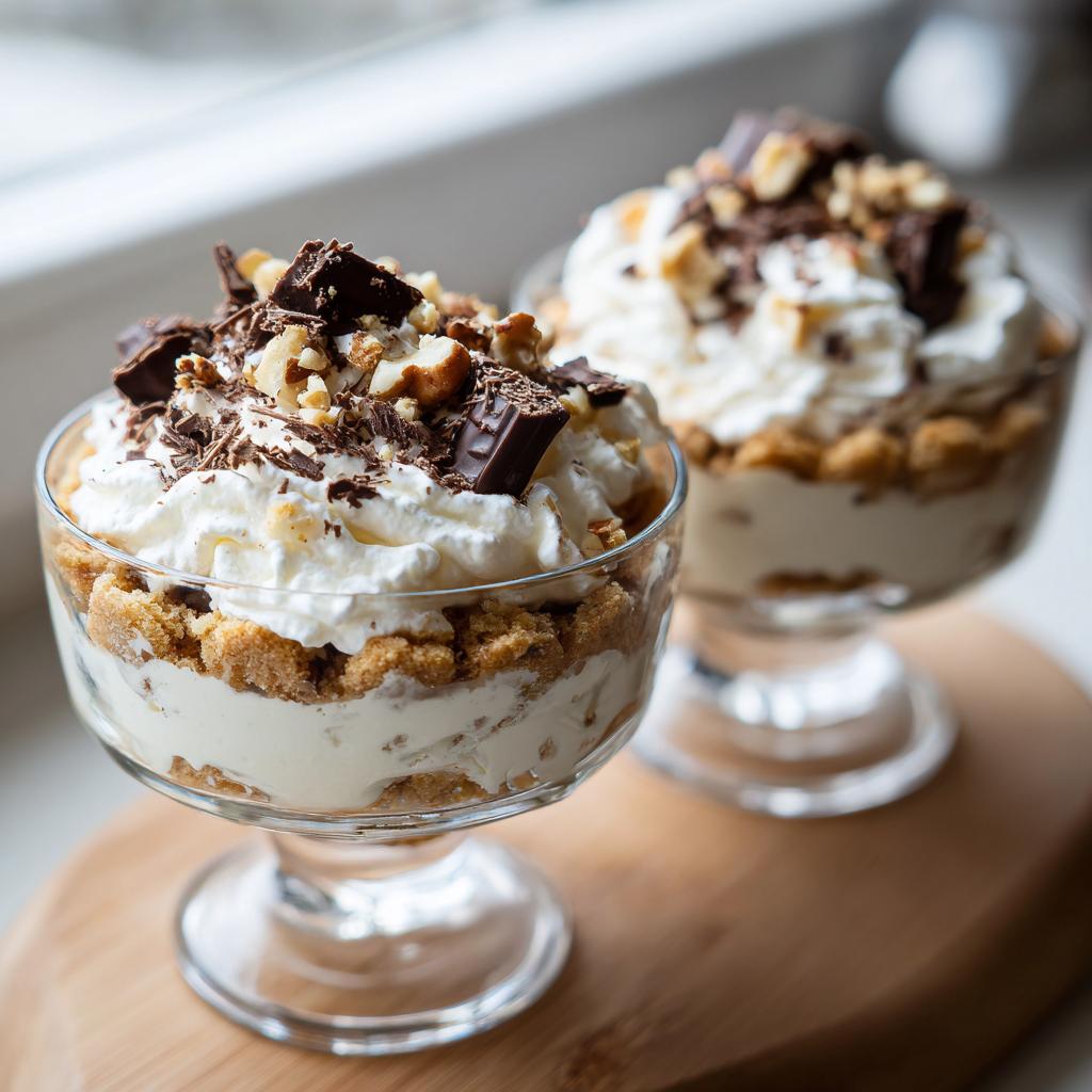 Two glass cups filled with creamy Ramadan dessert cups ideas topped with whipped cream, chocolate, and nuts.