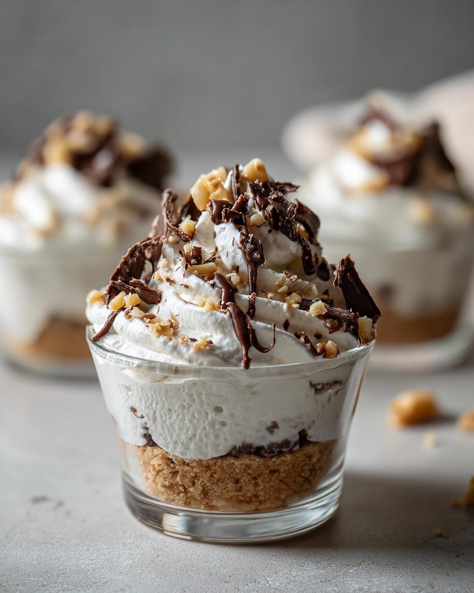 Ramadan dessert cups ideas with whipped cream, chocolate drizzle, and nut topping in clear glass cups.