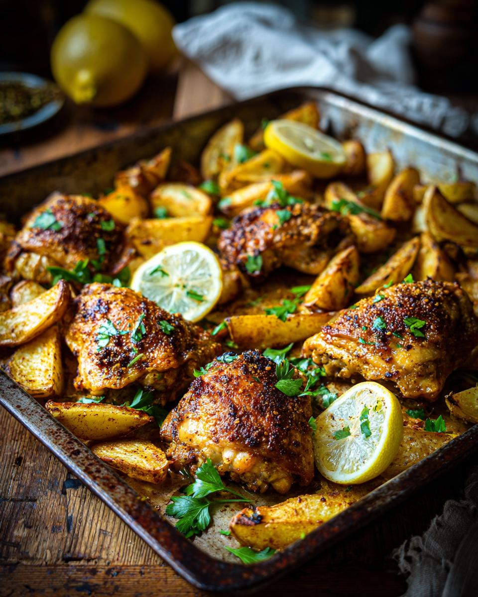 Tray bake with crispy chicken thighs, roasted potato wedges, lemon slices, and fresh herbs