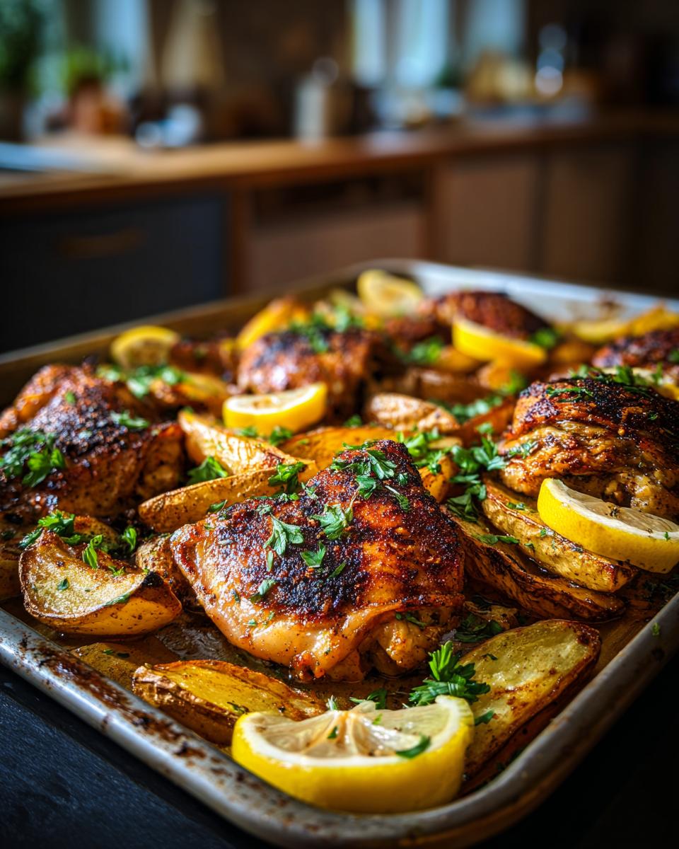 Tray bake with seasoned chicken thighs, potato wedges, lemon slices, and fresh herbs for ramadan family iftar tray bake