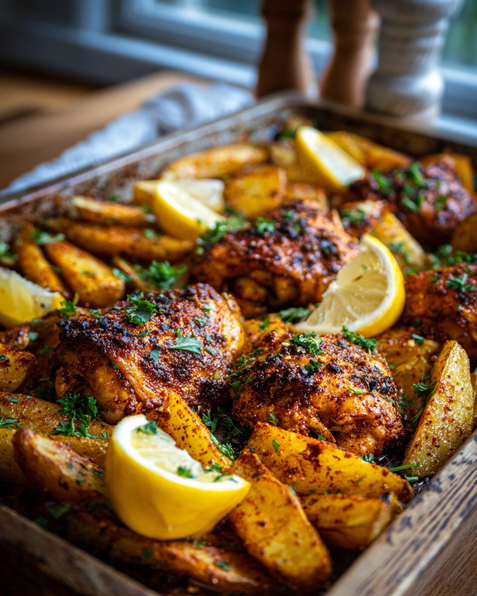 Tray bake with spiced chicken thighs, potato wedges, lemon slices, and fresh herbs for Ramadan family iftar tray bake.
