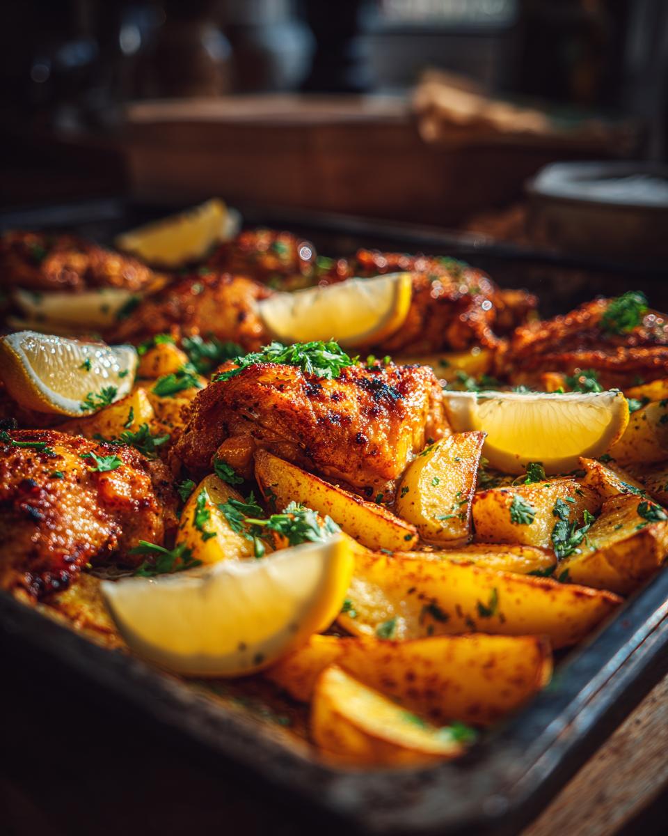 Tray bake with spiced chicken thighs, roasted potato wedges, lemon slices, and fresh herbs