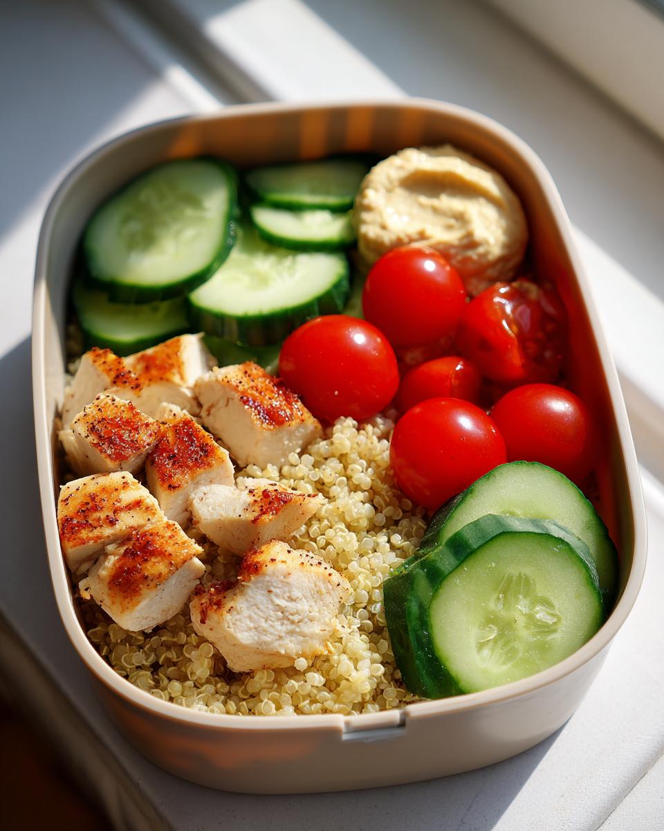 Ramadan healthy lunchbox ideas with grilled chicken, quinoa, cherry tomatoes, cucumber slices, and hummus.