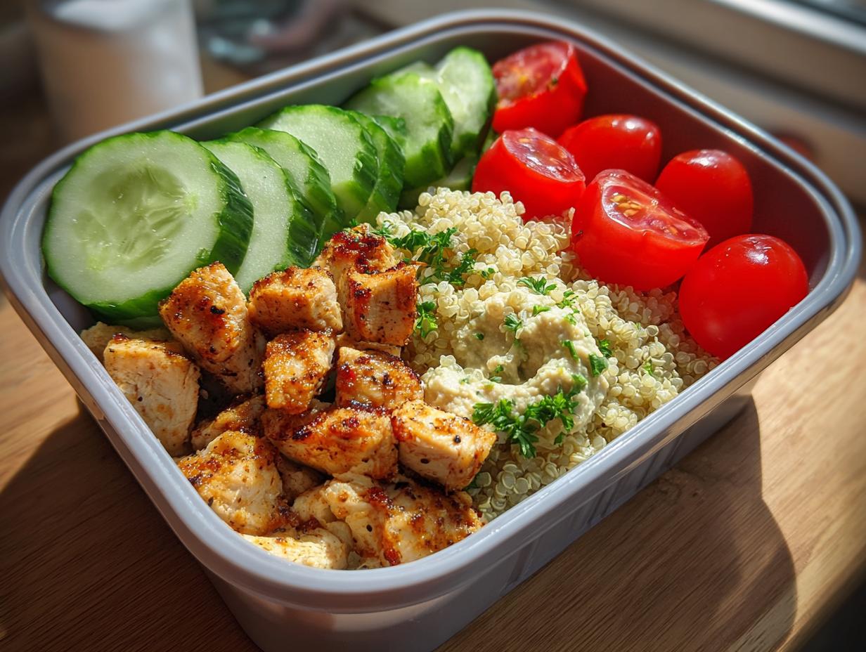 Ramadan healthy lunchbox ideas featuring grilled chicken, quinoa, cucumber slices, cherry tomatoes, and hummus.