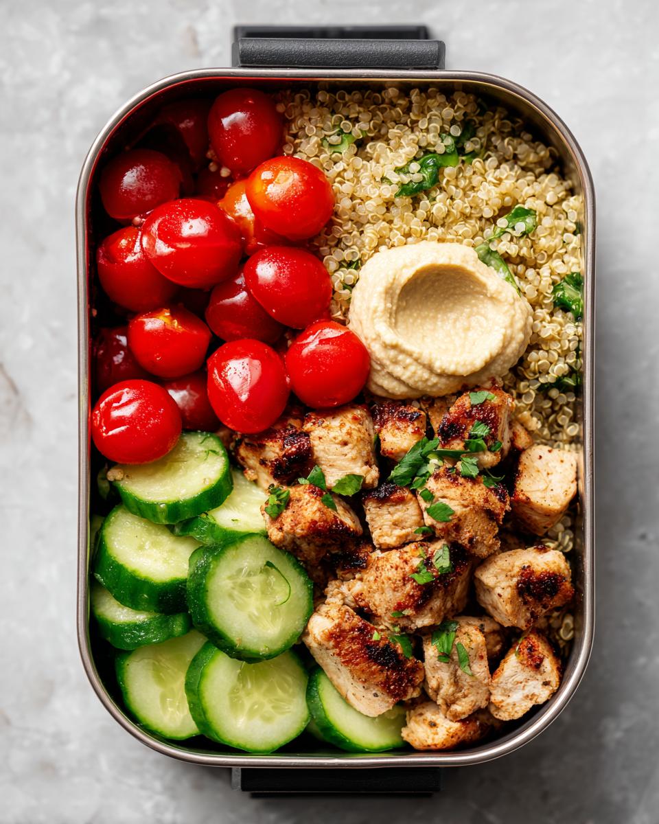 Lunchbox with grilled chicken, quinoa, cherry tomatoes, cucumber slices, and hummus for ramadan healthy lunchbox ideas