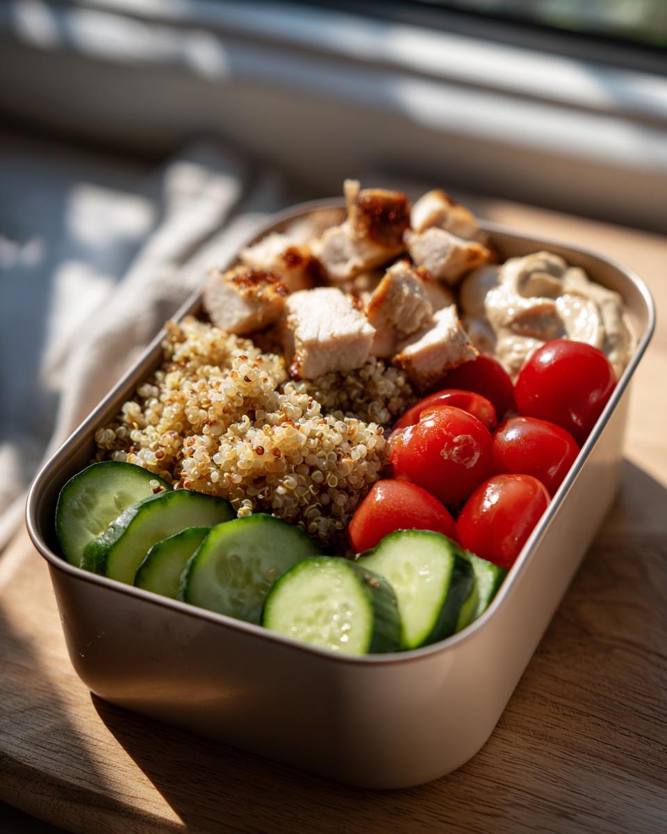 Lunchbox with quinoa, grilled chicken pieces, cherry tomatoes, cucumber slices, and a creamy dip.