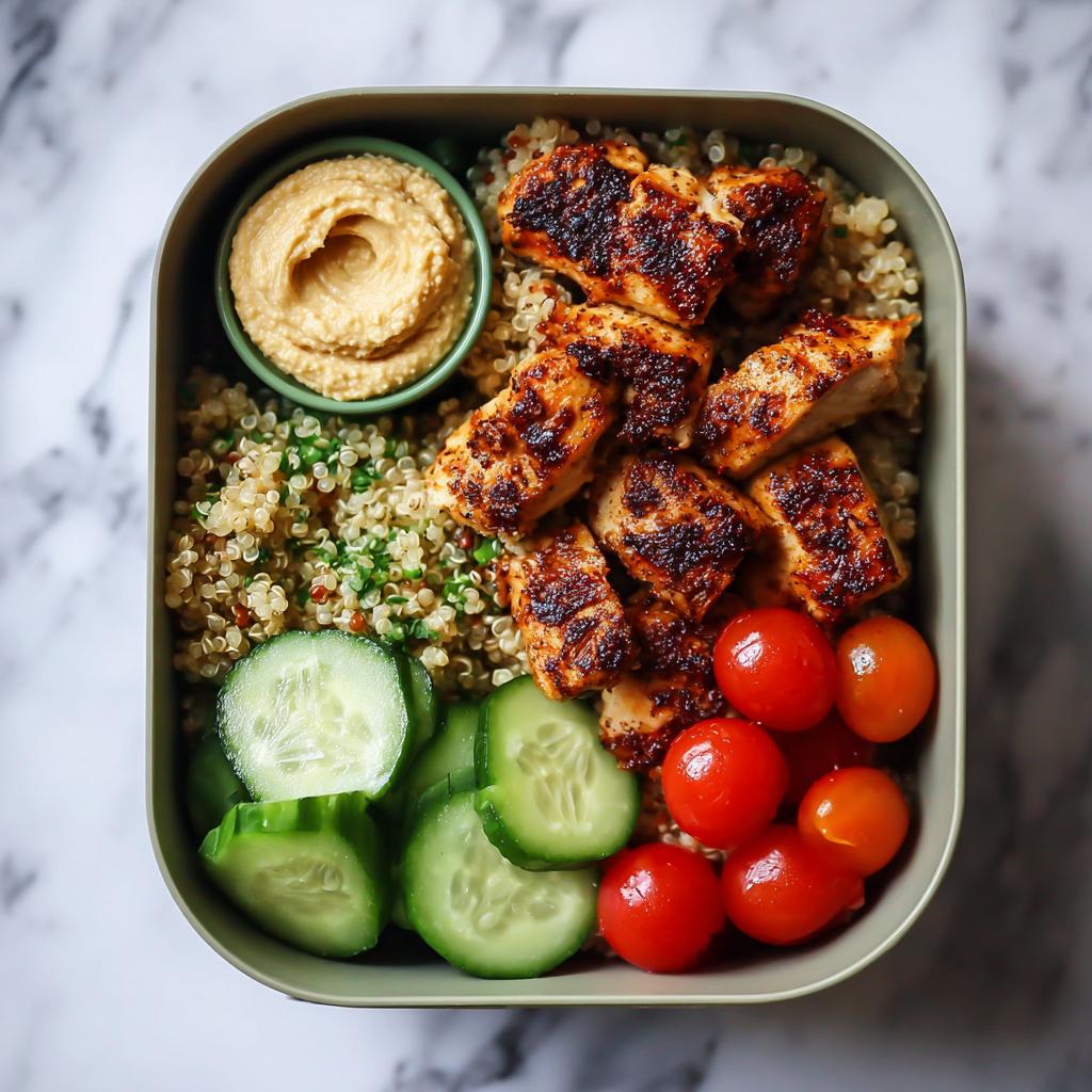 Lunchbox with grilled chicken, quinoa, cherry tomatoes, cucumber slices, and hummus dip