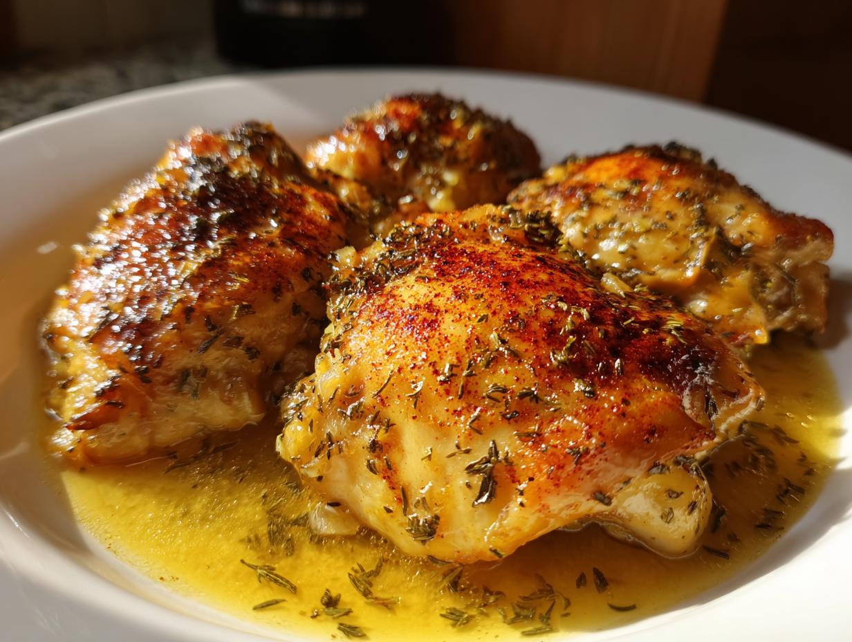 Close-up of herb-seasoned chicken thighs cooked in sauce, showcasing Ramadan instant pot chicken recipes.