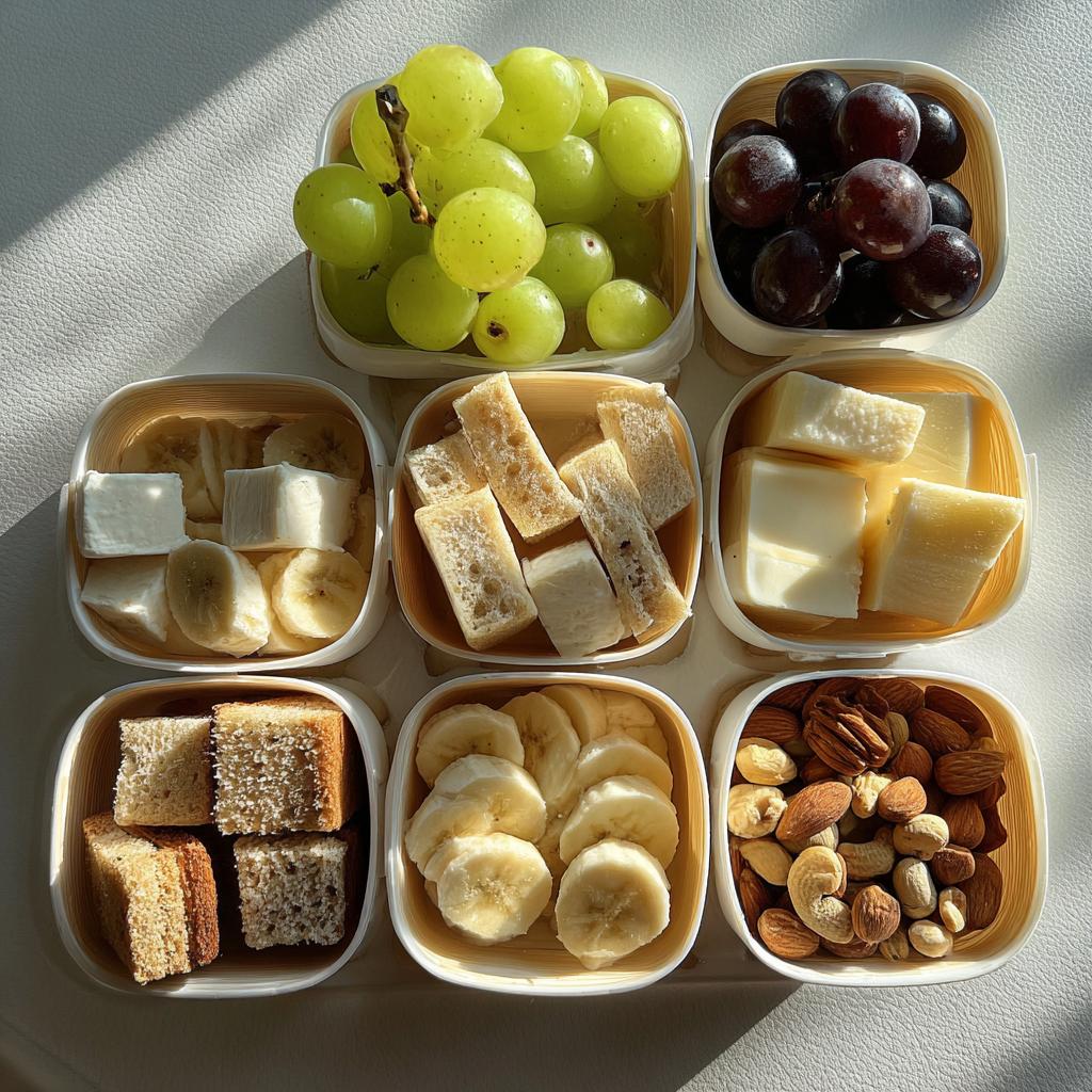 Snack box with green grapes, black grapes, sliced bananas, nuts, bread, and cheese for Ramadan kids snack box ideas.