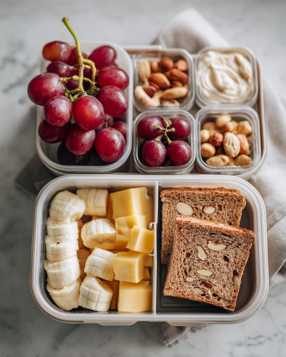 Ramadan kids snack box ideas featuring grapes, banana slices, cheese cubes, nuts, and whole grain bread.