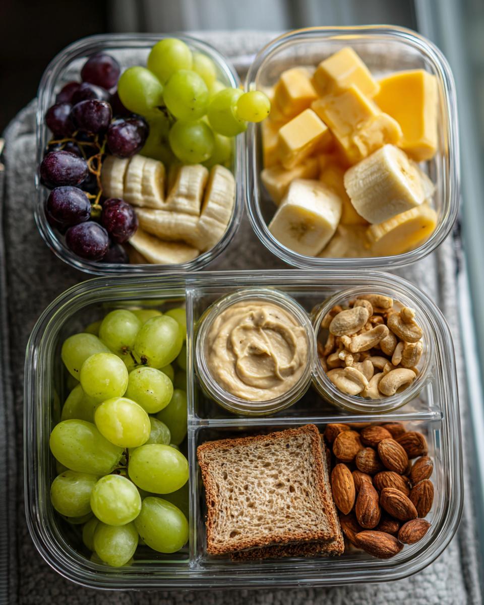 Glass containers with grapes, banana slices, cheese cubes, nuts, hummus, and whole grain crackers for ramadan kids snack box ideas