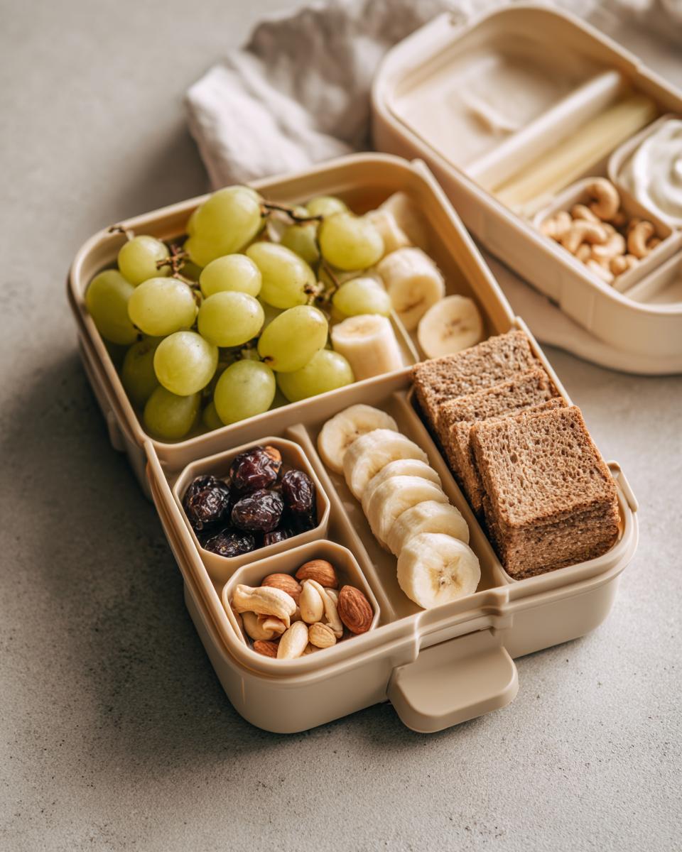 Ramadan kids snack box ideas featuring grapes, banana slices, dates, nuts, and whole grain bread.