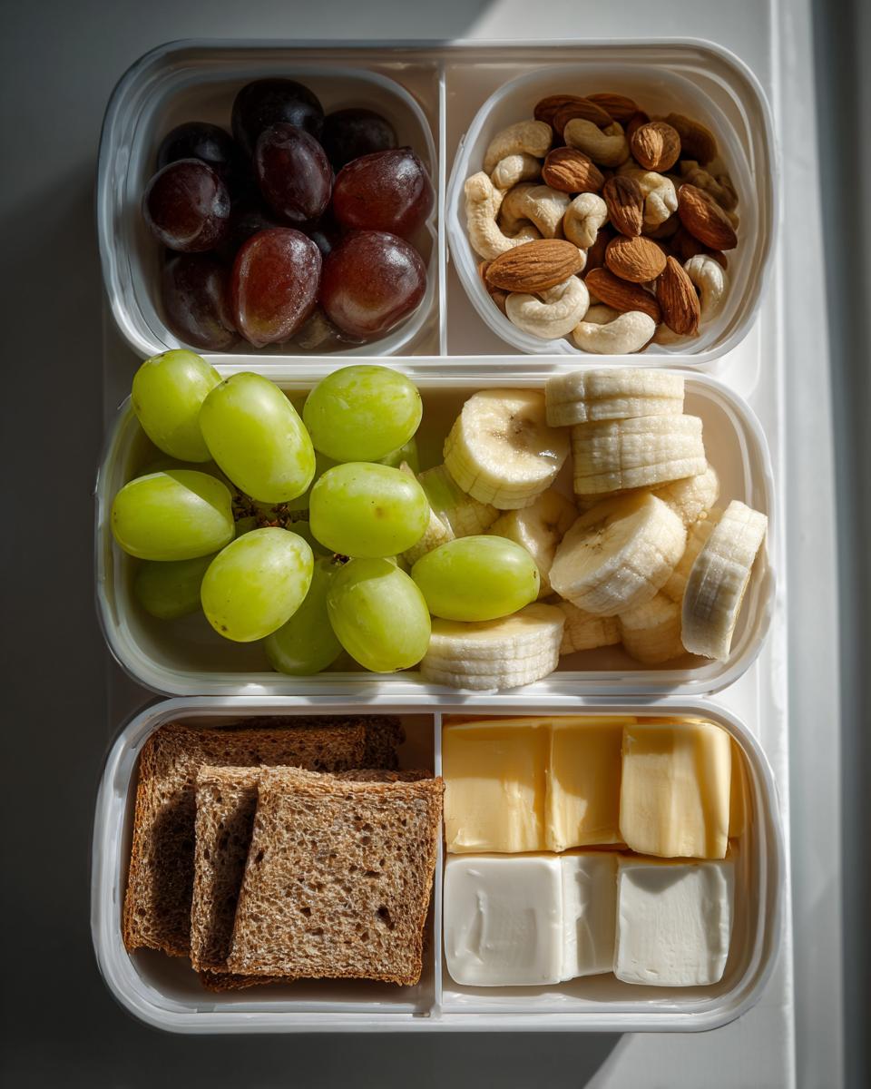 Ramadan kids snack box ideas featuring grapes, banana slices, nuts, bread, and cheese.