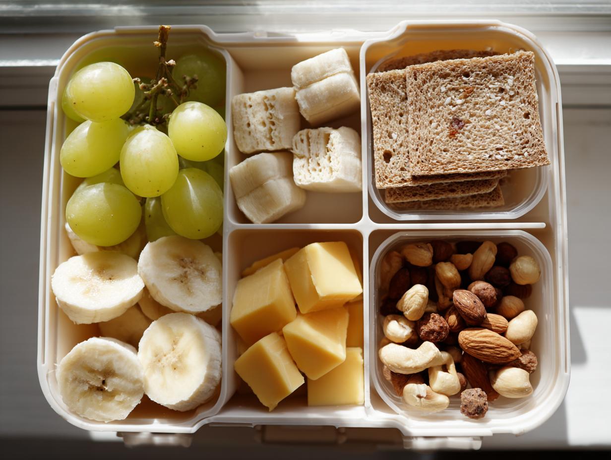 Ramadan kids snack box ideas featuring grapes, banana slices, cheese cubes, nuts, and crackers in a compartmentalized box.