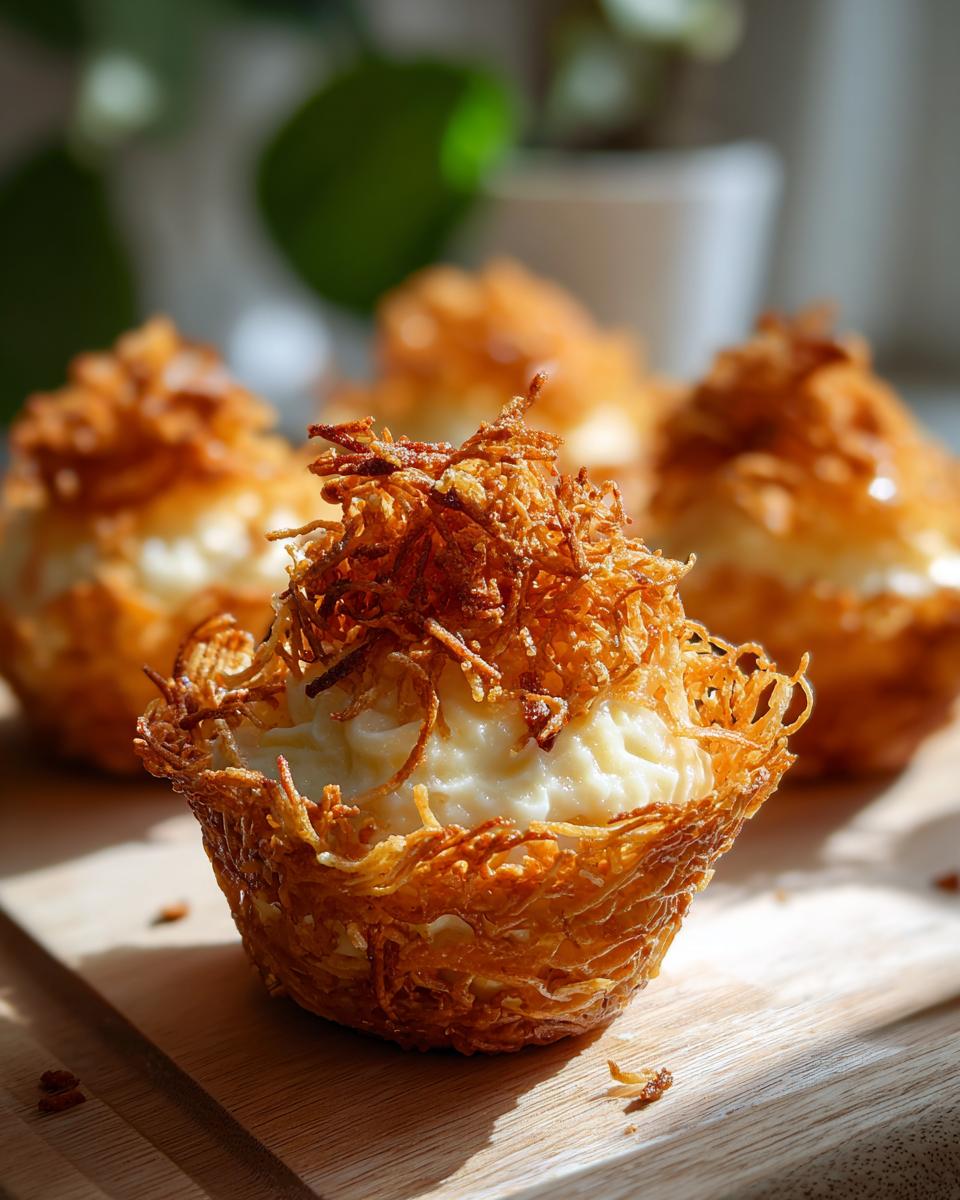 Golden crispy Ramadan kunafa cheesecake cups with creamy filling on wooden board