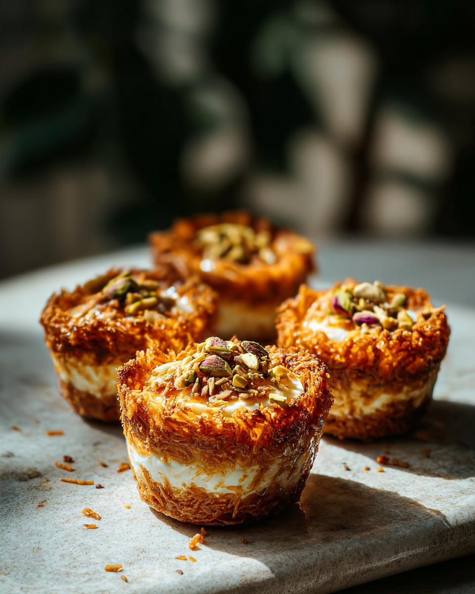 Four ramadan kunafa cheesecake cups topped with mixed nuts on a stone surface.