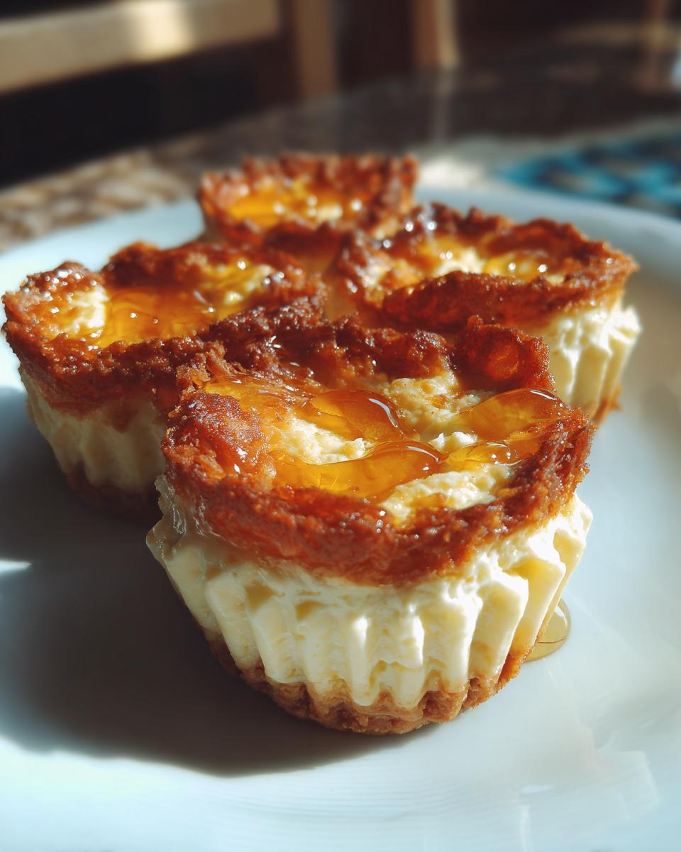 Close-up of four Ramadan kunafa cheesecake cups drizzled with syrup on a white plate.