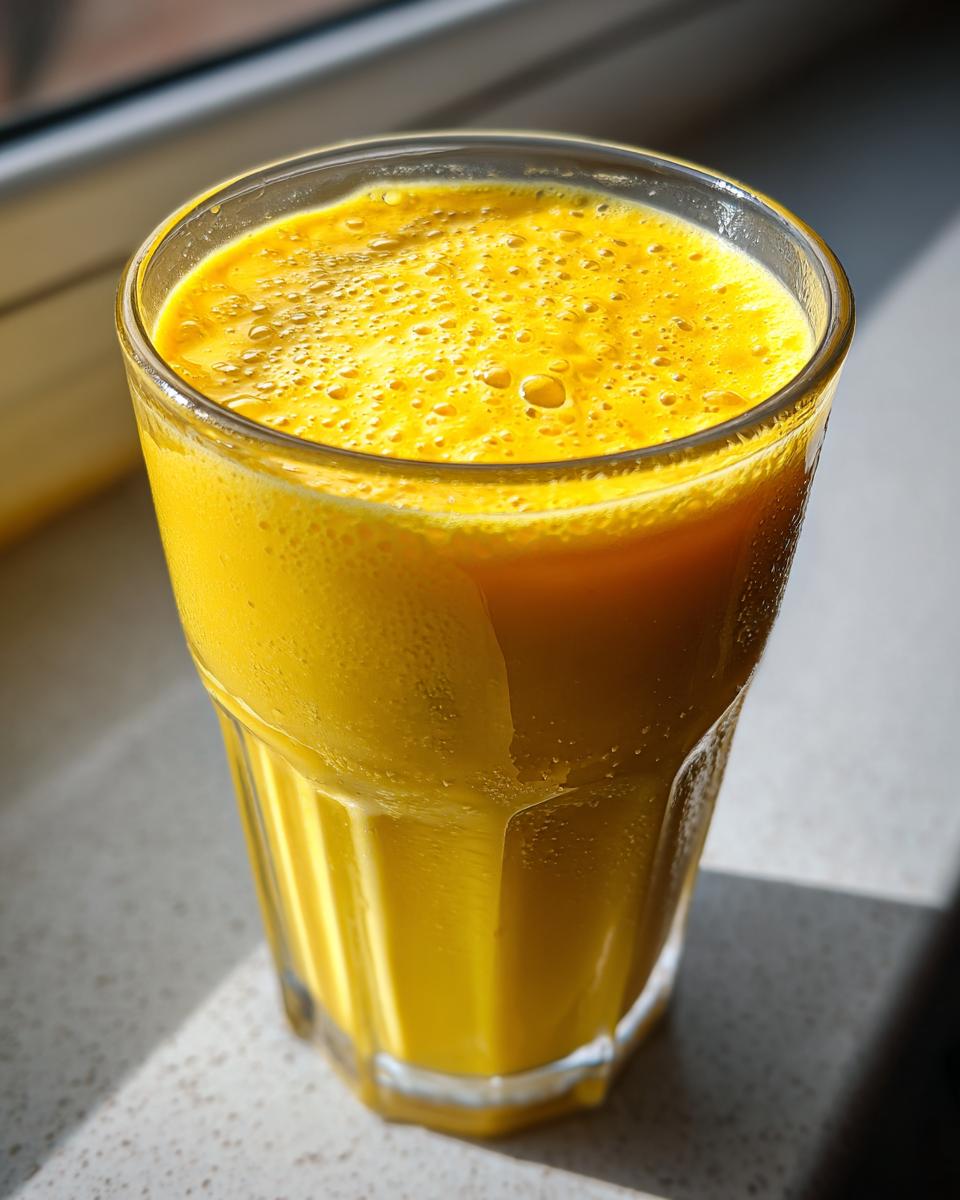 Glass filled with bright yellow ramadan mango milkshake for iftar with frothy top.